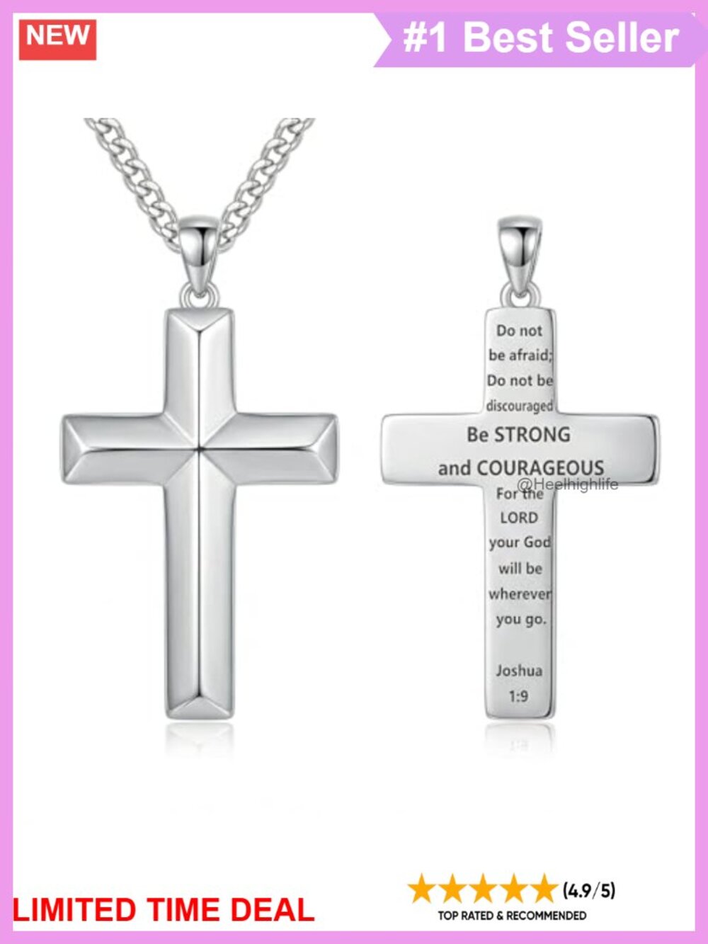 Men's 925 Sterling Silver Cross Necklace Engraved Joshua 1:9 Religious Pendant